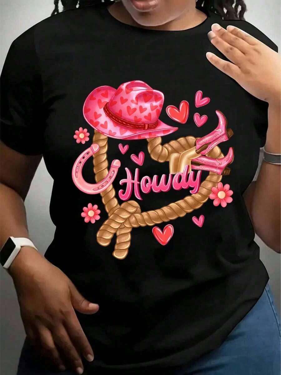 Women's T-Shirt With Pink Cowgirl Hat And Rope Design, Black T-Shirt For Women, Western Style Gift For Valentine's Day - 黑色 - 查看 1