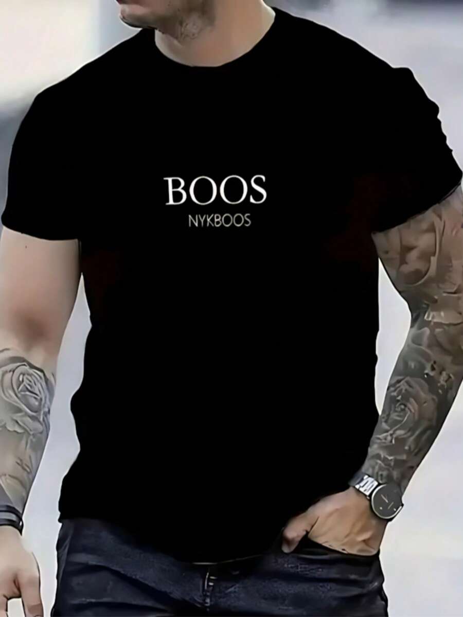 Camiseta corta holgada para hombre de una pieza, informal y versátil con divertido estampado de diseño, ideal para vacaciones, trabajo y uso diario. - Negro - Ver 1