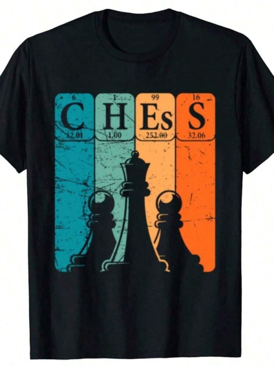 1 Piece Vintage Funny T-Shirt With Chess And Periodic Table Design For Gamers, Checkerboard Print, Cotton, Streetwear, Short Sleeve, Gift For Men, 180g, 100% Cotton - 黑色 - 查看 1