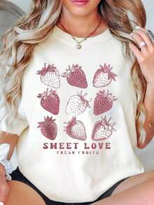 Casual Cotton T-Shirt With Strawberry Print, Fresh And Sweet Fruit Design For Casual Wear, Summer Outfit For Women And Men, Fashionable Unisex Top. - 白色 - 查看 7