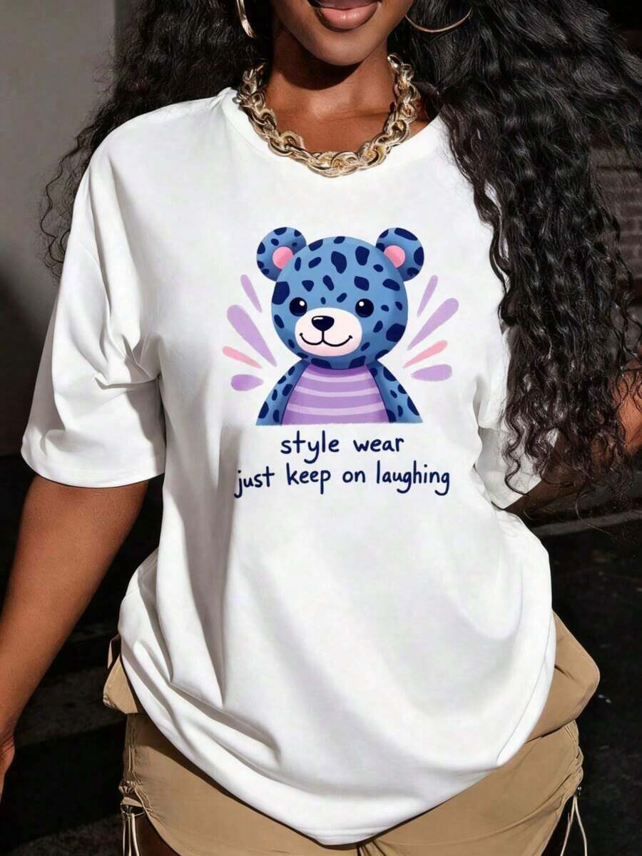 Playera Holgada para Mujer con Diseño de Oso Lindo con Manchas y Rayas, Transpirable - Blanco - Ver 1