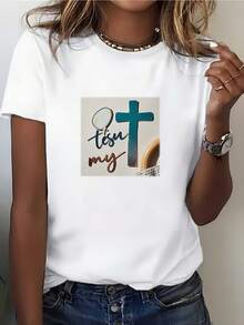 ropa de mujer 180g Camiseta estampada "Test My Faith" - Diseño de cruz cristiana, adecuada para regalos de Pascua, vestimenta de iglesia, ropa para formación de equipos familiares y corporativos, camisas de mujer - Blanco - Ver 6