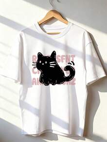 Funny Black Cat T-Shirt With Pink Text Background,  Short-Sleeve T-Shirt For Spring/Summer 2026, Made In Mexico, 180 Grams. Cartoon Print, Couple Design, Suitable For Indoor Or Outdoor Wear. Crew Neck, Unisex, Ideal For Office And Leisure. One-Pack. - WH-P631577SLNDXZGY640 - 查看 2