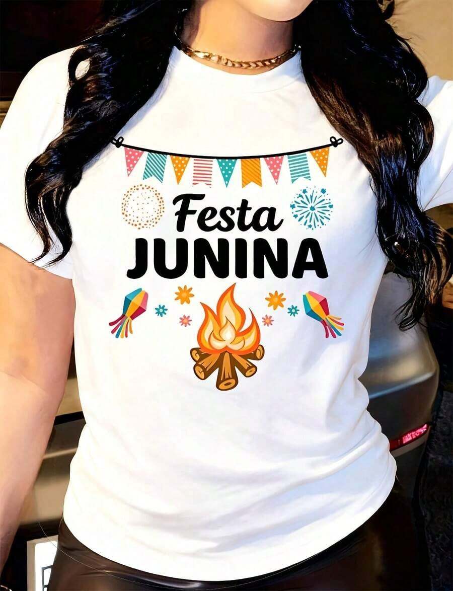 Women's Festa Junina T-Shirt With Fireworks Print, Flags, Stars And Bonfires, Round Neck, Short Sleeve, Casual, Suitable For Daily Outdoor Use, Perfect For All Seasons. - 白色 - 查看 1