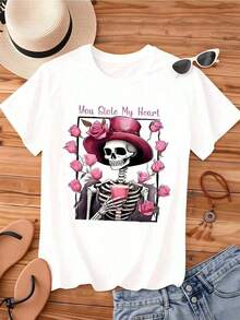 Camiseta de Mujer con Diseño de Esqueleto 'You Are My Heart' con Sombrero de Rosa y Taza, Camiseta Gráfica de Moda, Estilo Gótico, Súper Linda y Gráfica para Mujer! Suave, ligero y perfecto para el uso diario. Este elegante top añade un toque divertido y a la moda a cualquier atuendo informal. ¡Ideal para combinar con jeans, shorts o faldas para un look dulce y elegante! Ropa de verano fresca para mujer. - Blanco - Ver 4