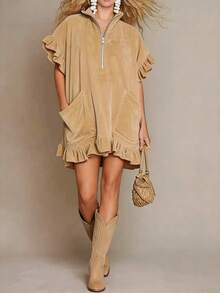 A-Line Dress With Short Sleeves And Ruffles, Two Pockets And Zipper, New Spring Summer 2026 Collection - 駝色 - 查看 2