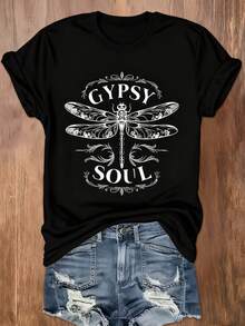 ¡Oferta por tiempo limitado, unidades limitadas,  relámpago! Camisas casuales para mujer, camisetas de poliéster para mujer, camisas elegantes. Camiseta de manga corta para mujer: estampado geométrico floral y de libélulas negras, lavable a máquina, top informal de verano, tallas S-XXXL, prenda versátil, diseño artístico, tejido transpirable, una opción para los amantes de la moda. - Negro - Ver 10