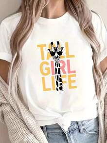 Camiseta de Girafa con Texto TALL LIFE, Manga Corta, Cuello Redondo, Top Casual para Verano y Primavera, Ropa de Mujer - Negro - Ver 6