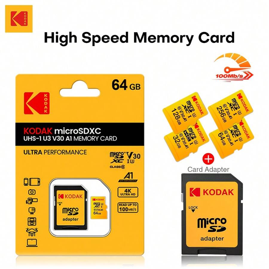 Kodak 32GB/64GB/128GB/256GB Micro SDXC Memory Card, Class 10 U3 C10 TF Card, 100MB/S A1 SDHC UHS-I V30, For Camera, Computer, Car - View 1