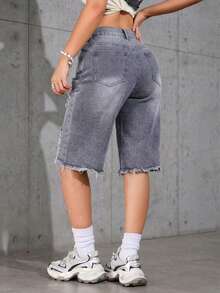 Petite Women's Classic Washed Denim Jeans With Cutout Design, Suitable For Beach Wear Casual Summer - Light Grey - View 2