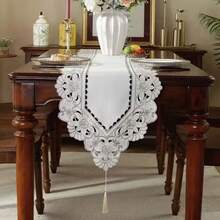 1pc Embroidered Floral Table Runner, Farmhouse Style Polyester Embroidered Hollow-Out Dust-Proof Table Runner, Suitable For Cabinet, Dining Table, Coffee Table, Daily Home Decor And Wedding Party Holiday - 010 White - View 14