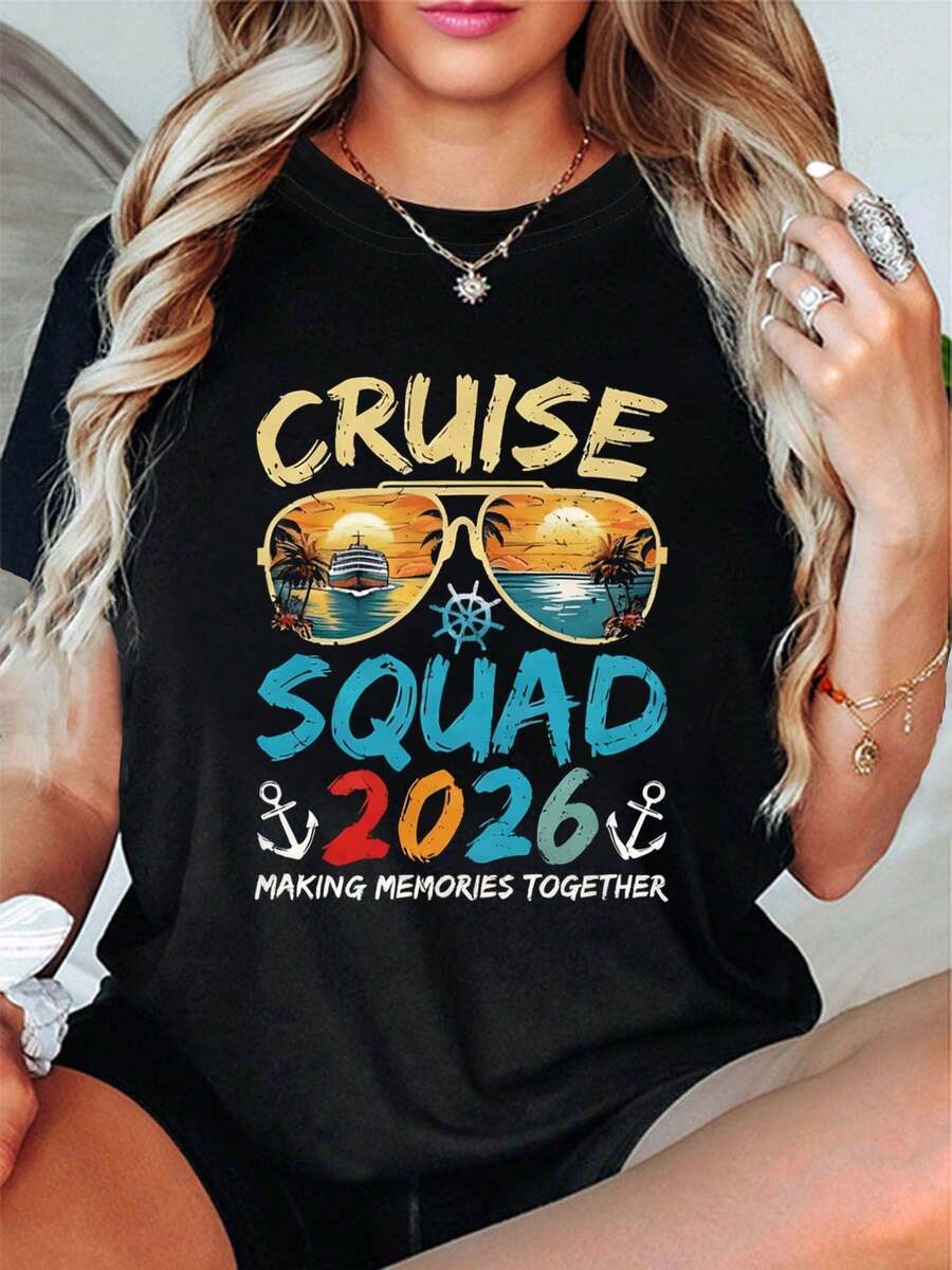 Camiseta para mujer con estampado de letras de viaje retro "Cruise Squad 2026 Creando recuerdos juntas", manga corta, cuello redondo, top casual para verano y primavera, ropa de mujer - Negro - Ver 1