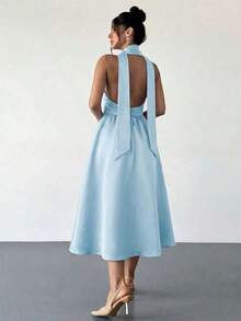 High-Waisted Midi Dress With A V-Neck And Open Back, In A Vintage French Polka Dot Style, Suitable For Valentine's Day, Concerts, Performances, Dates, Banquets, Weddings, Sexy, Elegant, Back To School, Vacation, Beach, Romantic - 紅色 - 查看 2
