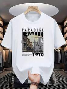 Camiseta de Manga Corta para Hombre, Estampada con PARADISE NEW YORK, Moderna y Casual, Cómoda y Versátil - Blanco - Ver 1
