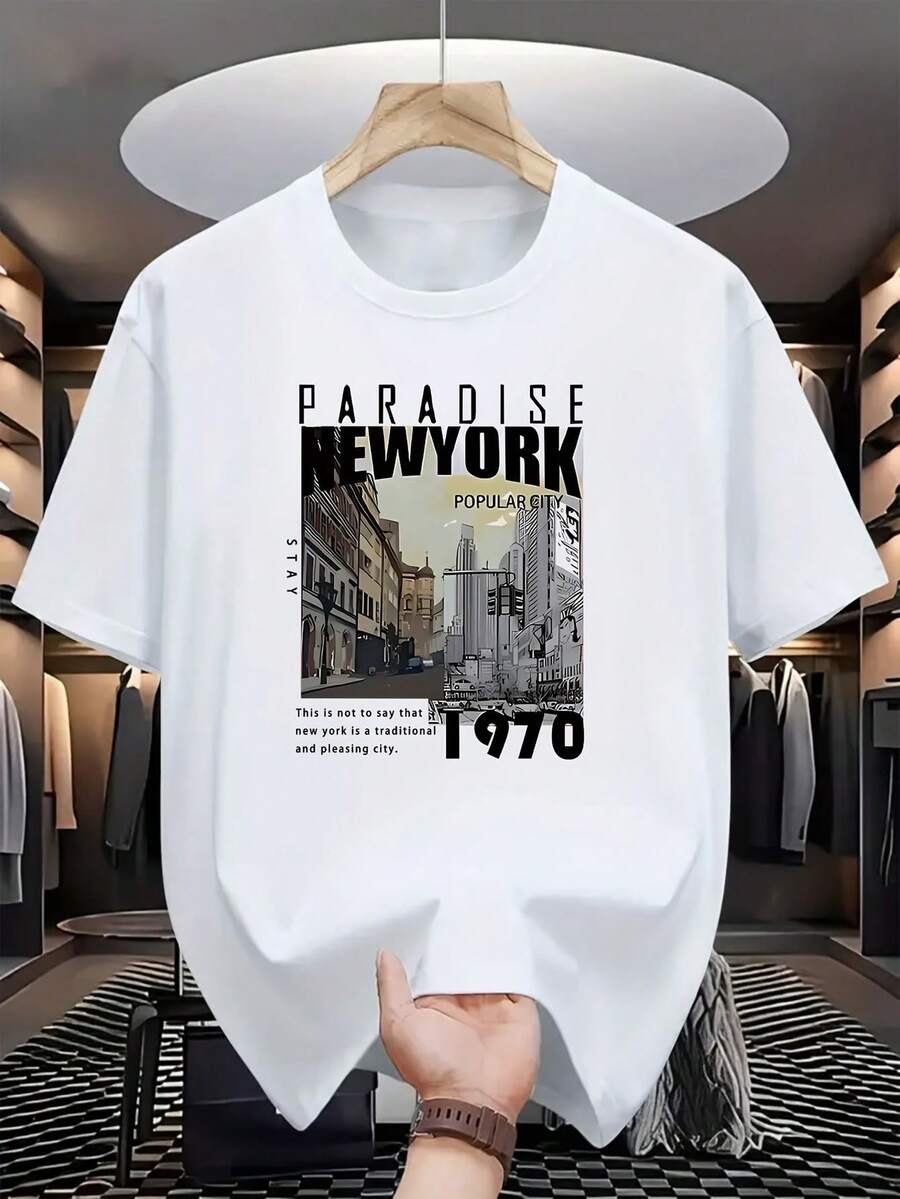Camiseta de Manga Corta para Hombre, Estampada con PARADISE NEW YORK, Moderna y Casual, Cómoda y Versátil - Blanco - Ver 1