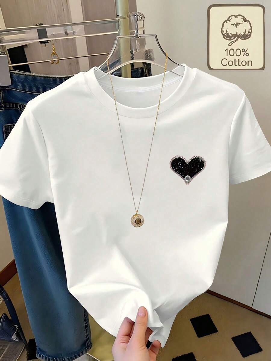 Camiseta 100% con estampado de corazón negro y adornos de lentejuelas, cuello redondo, manga corta, ropa de verano casual, cómoda y transpirable para mujer