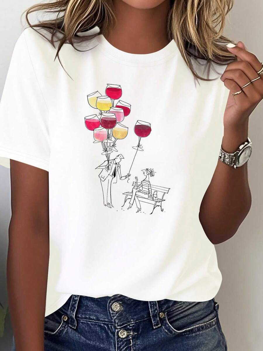 Camiseta de Manga Corta Casual para Mujer con Estampado de Arte Lineal, Cómoda y Versátil