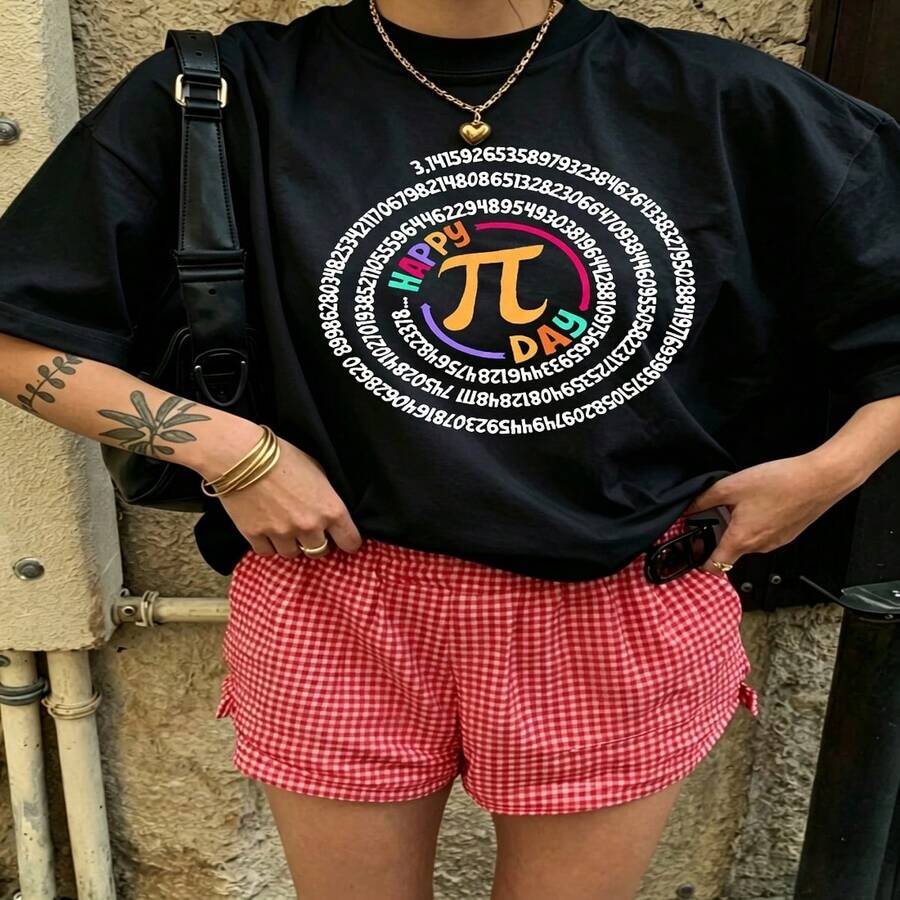 Heartfelt Daily Casual Graphic T-Shirt 100% Cotton Oversized Soft Breathable Casual Crewneck Short Sleeve Top Cute Aesthetic Daily Fashion Lovers Casual Wearers Daily Outfit Enthusiasts Gift Givers - 黑色 - 查看 1