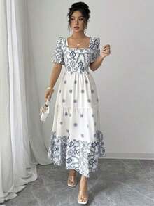 xheElenzga Vestido casual/de trabajo de manga corta con cuello cuadrado y cintura ceñida en línea A con estampado para mujerxhe - Azul y blanco - Ver 6