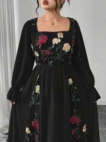 Vestido de mujer de talla grande con parches de malla y bordado floral elegante - Negro - Ver 3