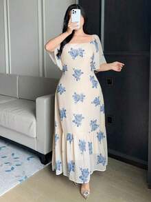 Plus Vestido de fiesta elegante con estampado floral, cintura fruncida, para vacaciones, estilo bohemio, para mujeres de talla grande - Albaricoque - Ver 5