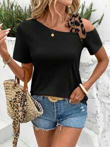 Camiseta de manga corta con cordones y estampado de leopardo para mujer, adecuada para ir al trabajo y actividades al aire libre, de estilo casual - Negro - Ver 8