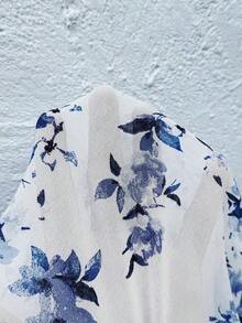 Blusa femenina fresca con estampado floral, dobladillo con volantes y frontal con lazo - Azul y blanco - Ver 11