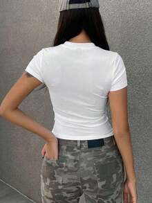 Camiseta casual de manga corta de ajuste ceñido y cuello de mujer, color liso, color negro - Blanco 3 - Ver 4