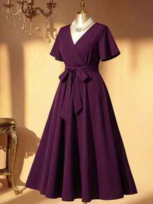 Vestido elegante de talla grande de unicolor con cinturón cruzado a la cintura, apto para el verano - Morado - Ver 2