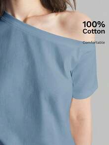 2026SS Nueva Blusa de Mujer de unicolor con Hombros Descubiertos, Uso Casual Diario, Camiseta de Manga Corta Holgada, Blusas de Verano para Mujer, Casual de Negocios, Vacaciones, Playa, Fiesta de Cumpleaños, Atuendo de Maestra, Regreso a Clases - Celeste - Ver 3