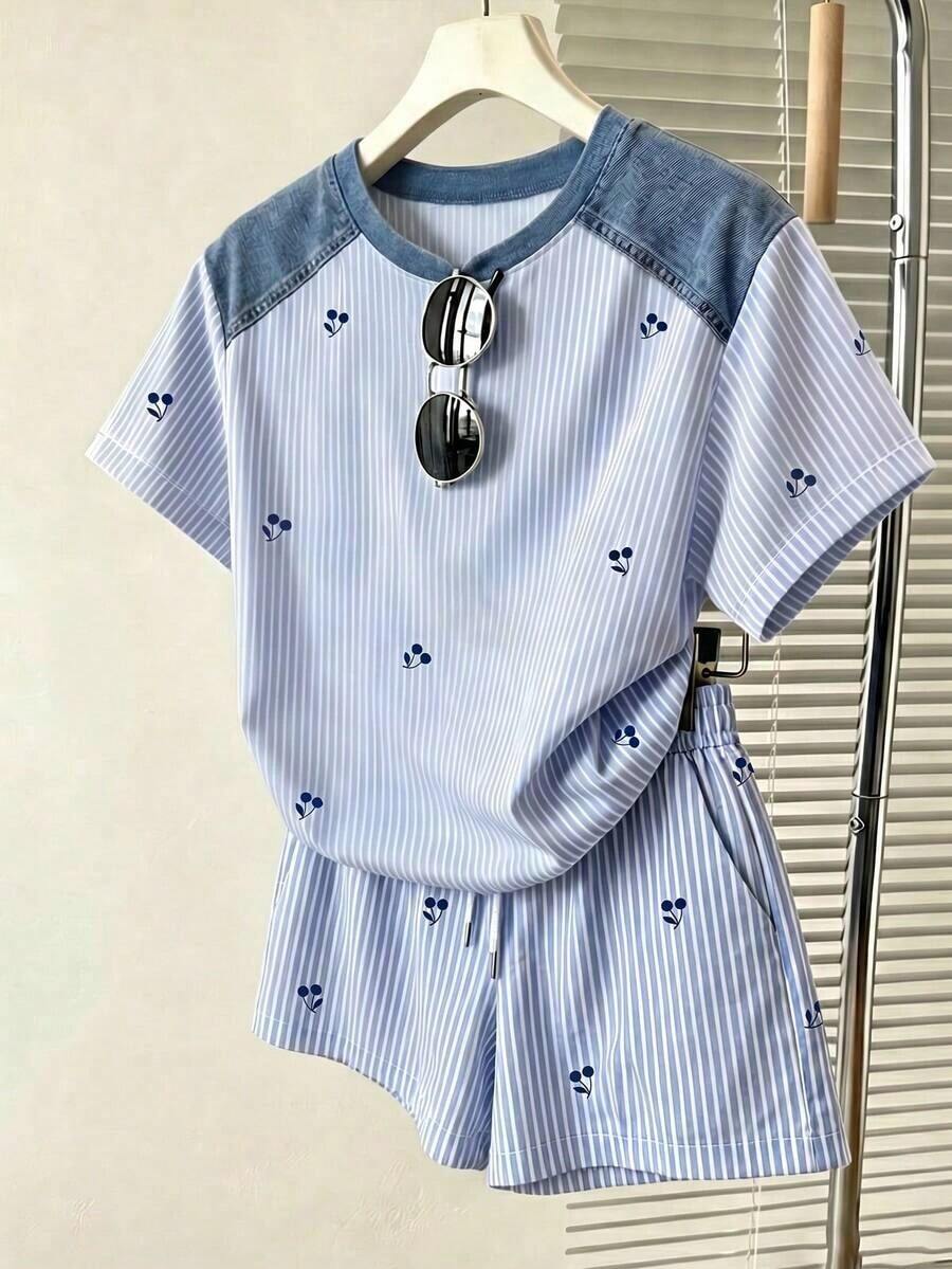 Conjunto de 2 piezas de camiseta de manga corta con cuello redondo y pantalones cortos con estampado todo sobre en estilo vintage casual para mujer, para verano - Multicolor - Ver 1