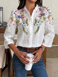 Clasi Blusa elegante con bordado, corte láser y estampado floral abombado informal para mujer, camisa de mujer para primavera y verano - Multicolor - Ver 6