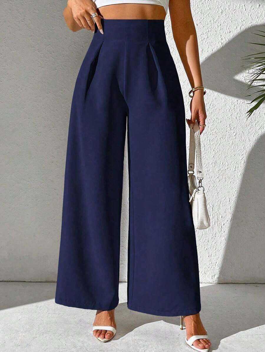 Clasi Pantalones casuales de oficina sueltos con cintura alta, plisados y pernera ancha de unicolor para mujer - Azul marino - Ver 1