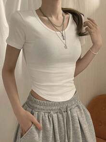 Camiseta de manga corta de mujer de cuello redondo de unicolor básica blanca, para primavera/verano, estilo casual empresarial - Blanco 4 - Ver 4