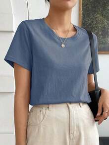 Camiseta Sólida Con Cuello Redondo - Niebla azul - Ver 4