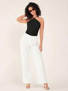 Body de verano sin mangas y sin espalda para mujer de unicolor con estilo de cuello halter - Negro - Ver 3