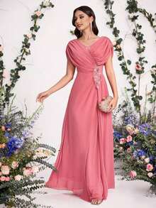 Vestido con flores 3D bordadas para novia, madre de la novia, moda de primavera y verano para fiesta, cita, vacaciones, boda, celebridad, con cintura elegante y falda amplia, para el Día de San Valentín - Rosa Fucsia - Ver 7