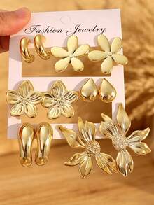 2-12pcs Gold-Tone Women's Fashion Earring Set, Including Left & Right Ear Flowers, Sunflowers, Five-Petal Flowers, Smooth C-Shaped, Teardrop, Snake Tail C-Shaped, Fashionable & Elegant Earring Set For Autumn/Summer, Suitable For Outing, Vacation, And Gift-Giving - Gold - View 6