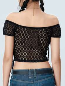 Women's Lace Crop Tops Basic Off Shoulder Short Sleeve Solid Color Slim Fit T-Shirts Ladies Tops - Black - View 8