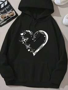 Kangaroo Hoodie With Butterfly And Heart Print, Warm Flannel Hooded Jacket, Unisex Sweatshirt - 黑色 - 查看 3