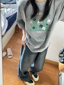 Celebrity Inspired Short Sleeve T-Shirt With Grey Floral Print, Women's Retro American Loose Casual Top - Summer - 深灰色 - 查看 7