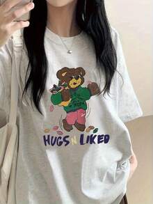 Y2K Women's Cartoon Bear Print Short Sleeve T-Shirt, New Summer Fashion, Loose And Versatile Round Neck Top - 淺灰色 - 查看 1