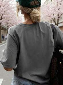Women's Casual Black Short Sleeve T-Shirt, Polyester, Cherry Print, Round Neck, Regular Fit, For Everyday Wear XF2C - 深灰色 - 查看 3