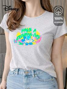 Women's T-Shirt Made Of 100% High-Quality Cotton, This T-Shirt Guarantees Exceptional Softness To The Touch, Round Neck With "Disney Mickey & Minnie Have A Colorful Day" Print And Short Sleeves - 淺灰色 - 查看 1