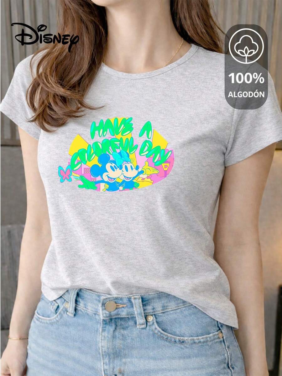 Women's T-Shirt Made Of 100% High-Quality Cotton, This T-Shirt Guarantees Exceptional Softness To The Touch, Round Neck With "Disney Mickey & Minnie Have A Colorful Day" Print And Short Sleeves - 淺灰色 - 查看 1