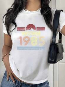 100% Cotton. Sunset Mountain With Colorful Lines Evoking 1985 And The Retro Spirit Of The Rising Sun Over Nature. Women's T-Shirt, 100% Soft And Comfortable Cotton. Women's Simple Solid Color T-Shirt, Loose And Slim Fit Casual Short Sleeve - 白色的 - 查看 1