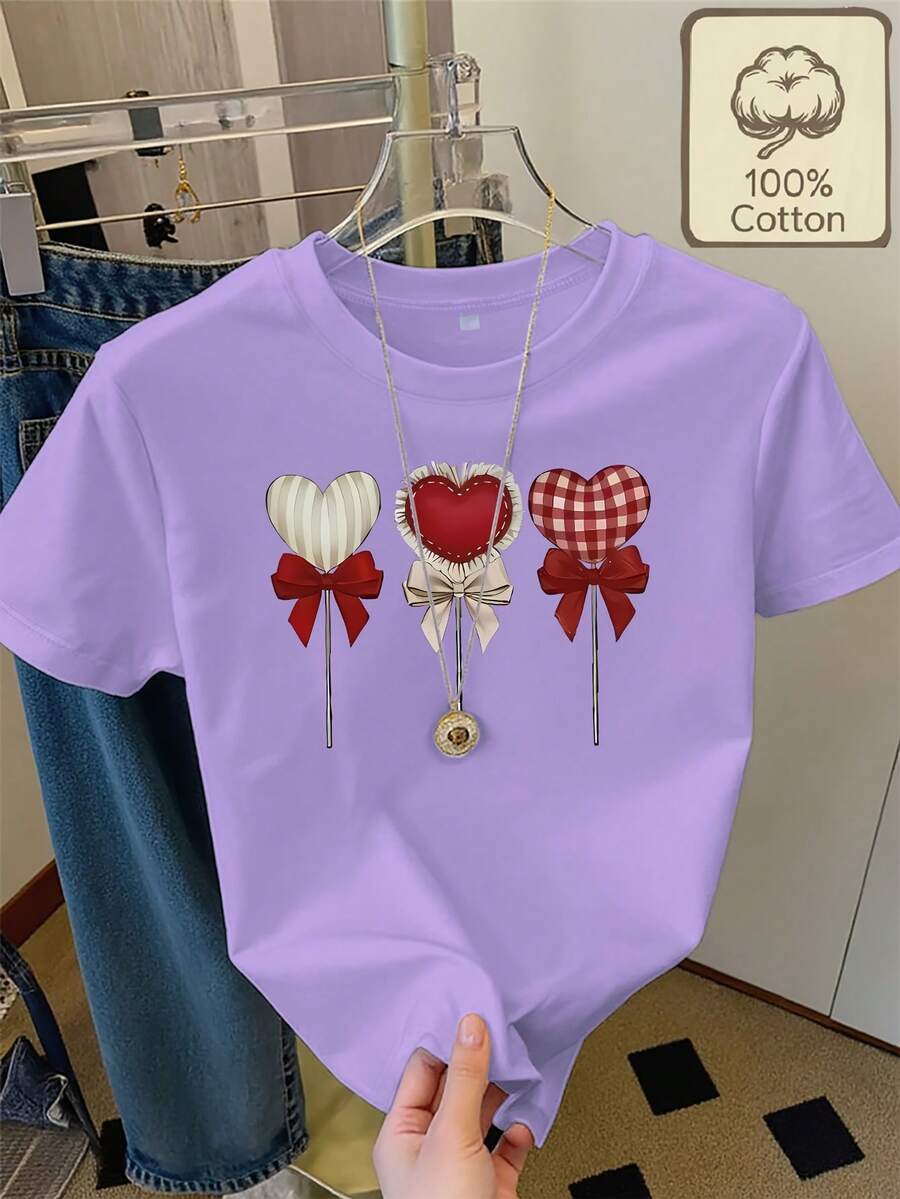 Plus Size - Plus Size - Women's Plus Size Casual Printed Short Sleeve T-Shirt With Round Neck And Heart-Shaped Bow Decorations - Purple - View 1