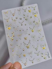 1 Sheet French Bow Nail Stickers, Shiny Gold Chain & Heart Pattern, Delicate Metallic Nail Art Supplies - Gold - View 2