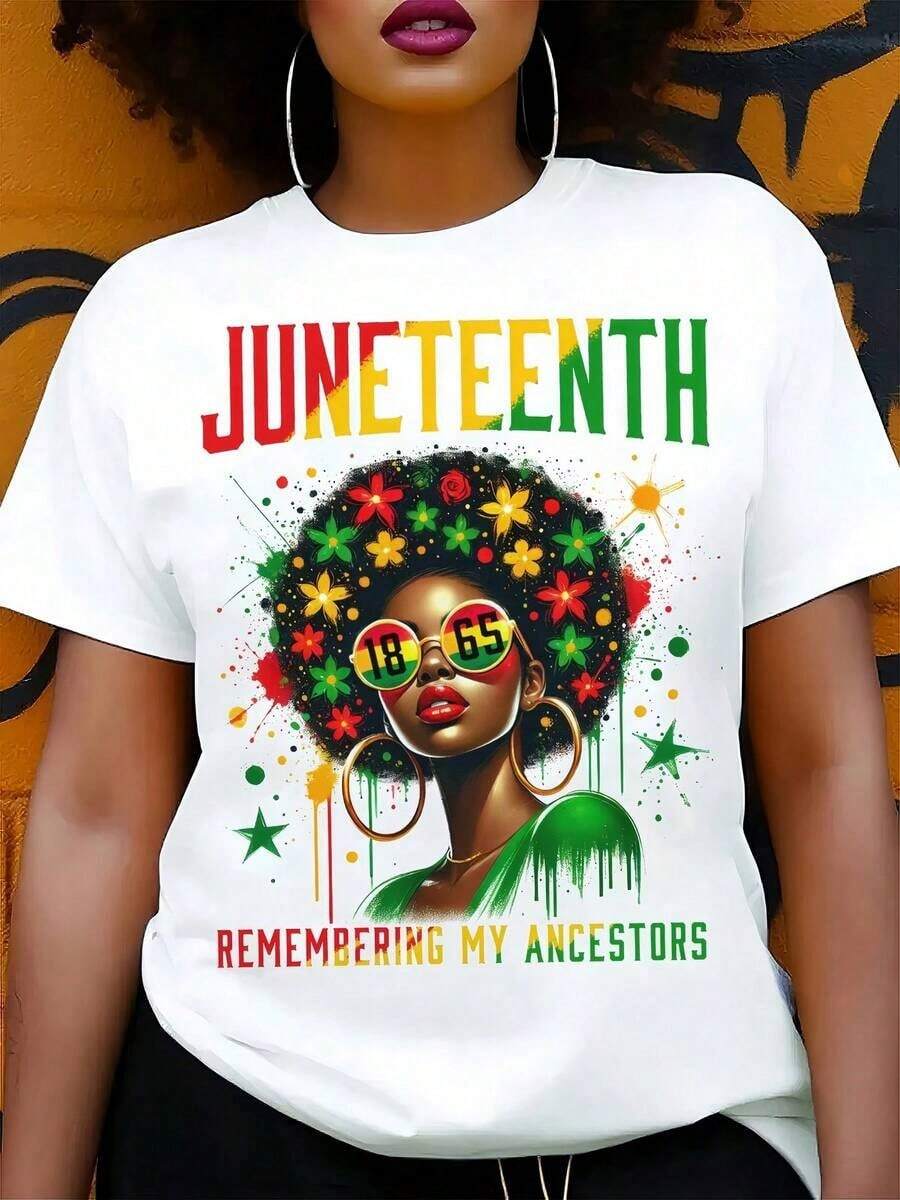 Regalo: 1 camiseta blanca para mujer con estampado de mujer afro de Juneteenth, cuello redondo, camiseta casual de algodón, tejido de punto de elasticidad media, corte regular para damas, para primavera/verano/otoño, suave. - Blanco - Ver 1