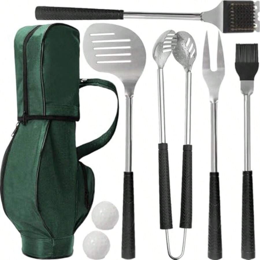 Juego de Barbecue con Diseño de Golf, 7 en 1 para Hombres, Kit de Utensilios de Cocina con Funda de Viaje, Herramientas asador con Mango cómodo, Acero Inoxidable de Alta Resistencia - Verde - Ver 1
